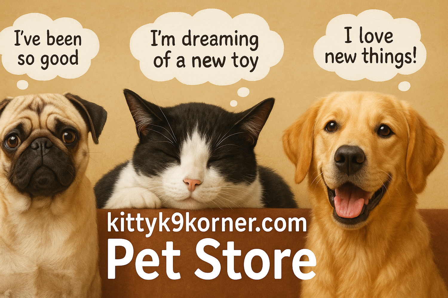 Pet store banner with centered cat and correct dogs